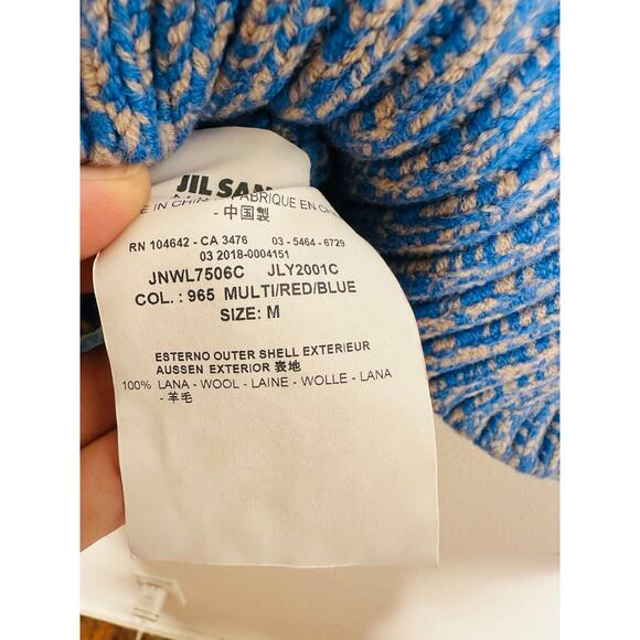 JIL SANDER NAVY Blue Red Colorblock 100% Wool Cable Knit Long Sleeve Sweater M - Picture 7 of 13